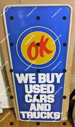 OK We Buy Used Cards and Trucks Self Framed Tin Sign