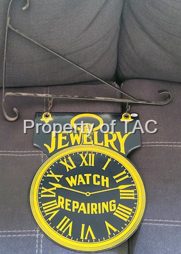 Jewelry Watch Repairing Double Sided Porcelain Sign w/ Original Bracket