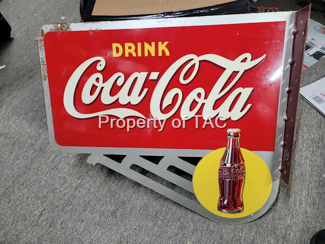 Drink Coca-Cola w/Bottle in Yellow Dot Metal Flange Sign