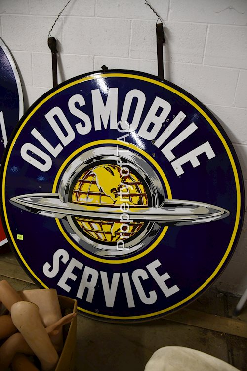 OLDSMOBILE SERVICE W/SATURN LOGO DOUBLE-SIDED PORCELAIN SIGN