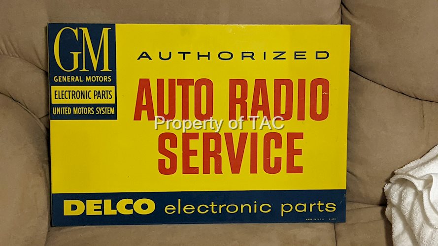 GM Authorized Radio Service Delco Electronic Parts Double Sided Tin Flange Sign