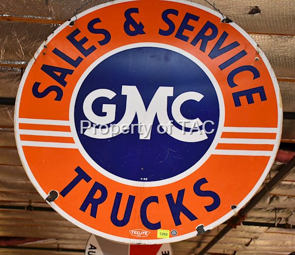 GMC TRUCKS SALES & SERVICE DOUBLE-SIDED PORCELAIN SIGN