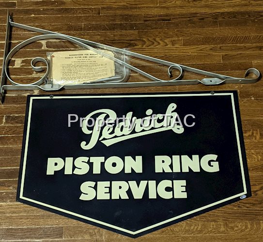 Pedrick Piston Ring Service Double Sided Tin Flange Sign w/ Original Hanging Bracket and Paperwork