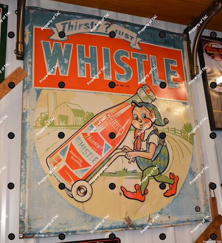 Whistle w/elf pushing a bottle metal sign