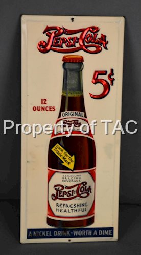 Pepsi:Cola w/Bottle "Look for the Trade Mark" 5Â¢ Celluloid Sign
