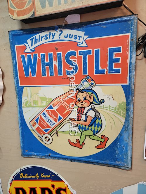 Whistle w/Elf Pushing a Cart Metal Sign