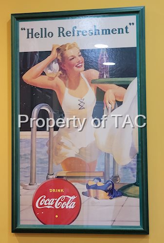Hello Refreshment Drink Coca Cola Framed Cardboard Sign w/ Pool & Lady Graphics 1942